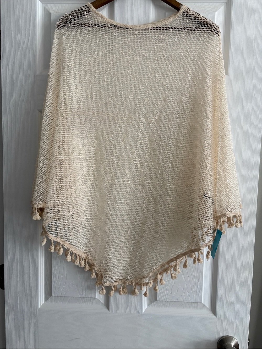 Lightweight Cream Crochet Poncho with Tassel Trim - swim cover up